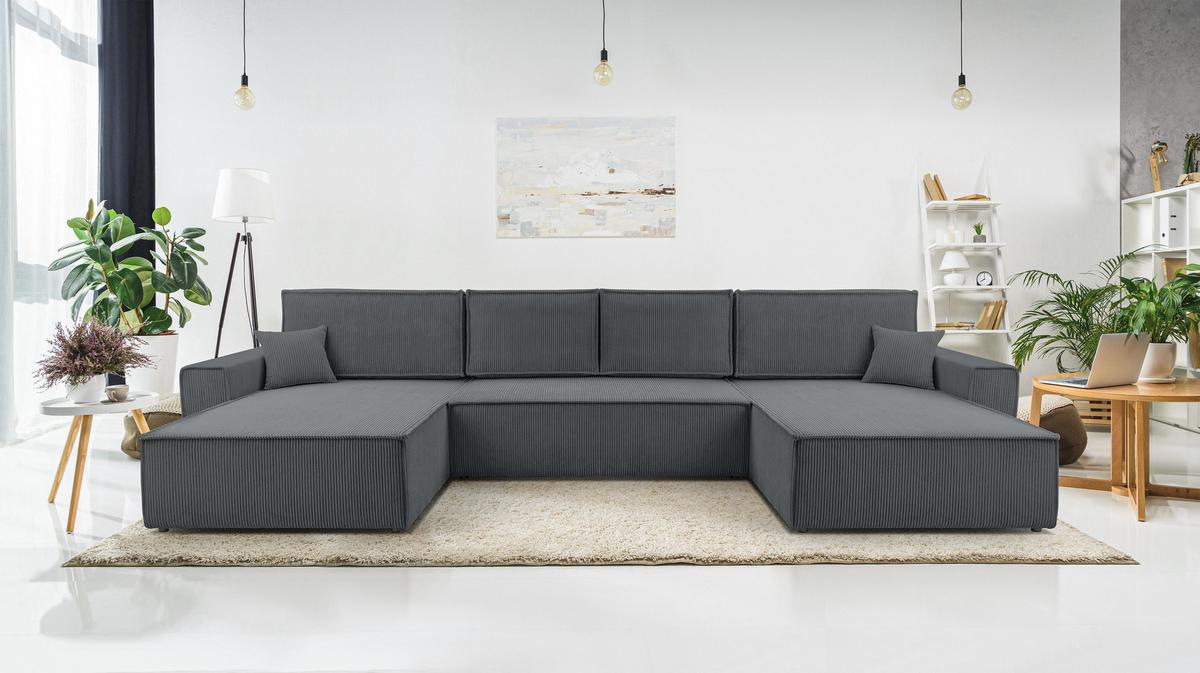 WOHNLANDSCHAFT Cedria Grau 389/145/85 cm mit Schlaffunktion - Schwarz/Grau, Kunststoff/Textil (389/85/145cm) - AX Living