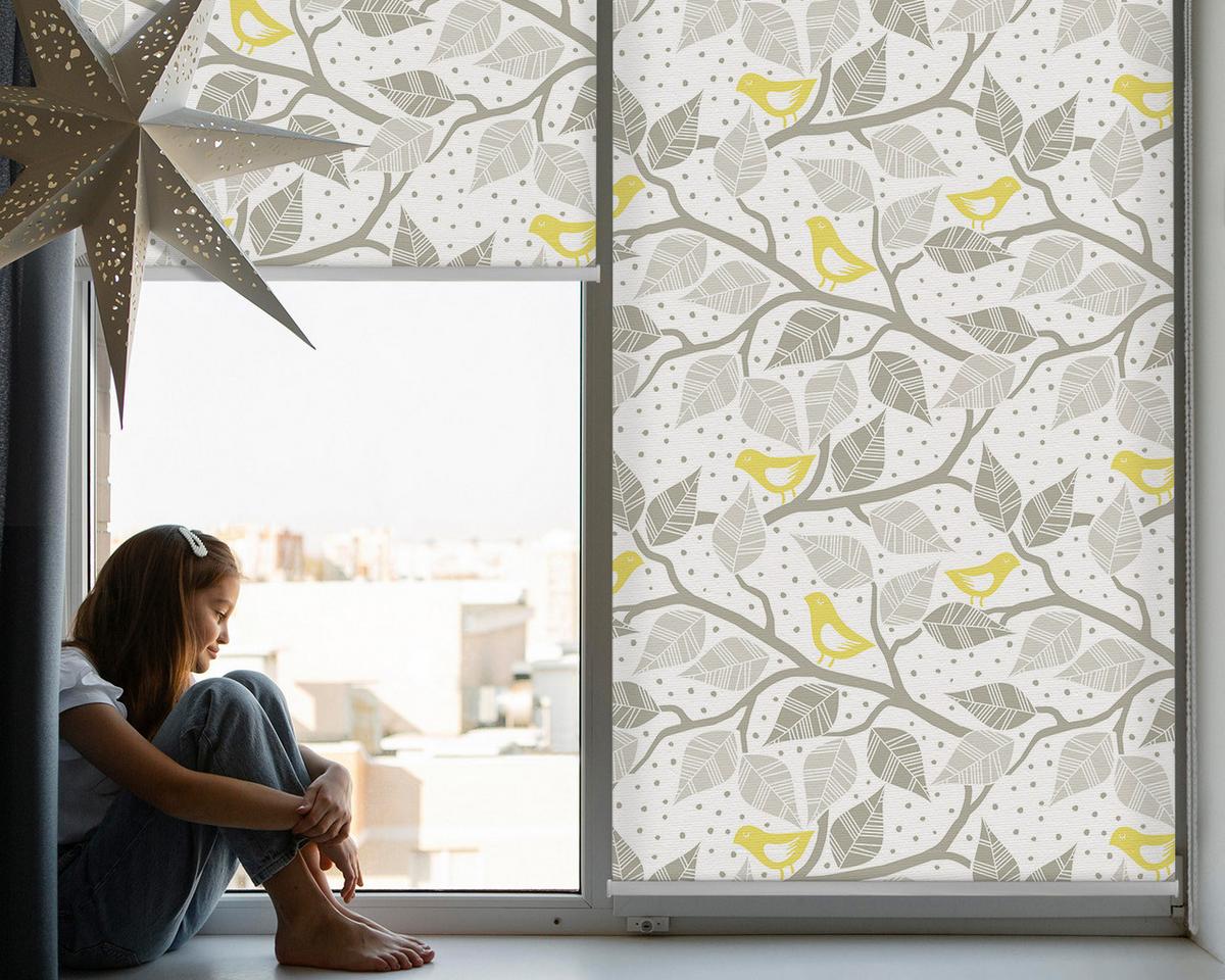 INNENROLLO - Fensterrollo - Rollo - 100x100 cm - Gelbe Vögel auf grauen Ästen - Gelb, Kunststoff (100/100/0.5cm) - TULUP