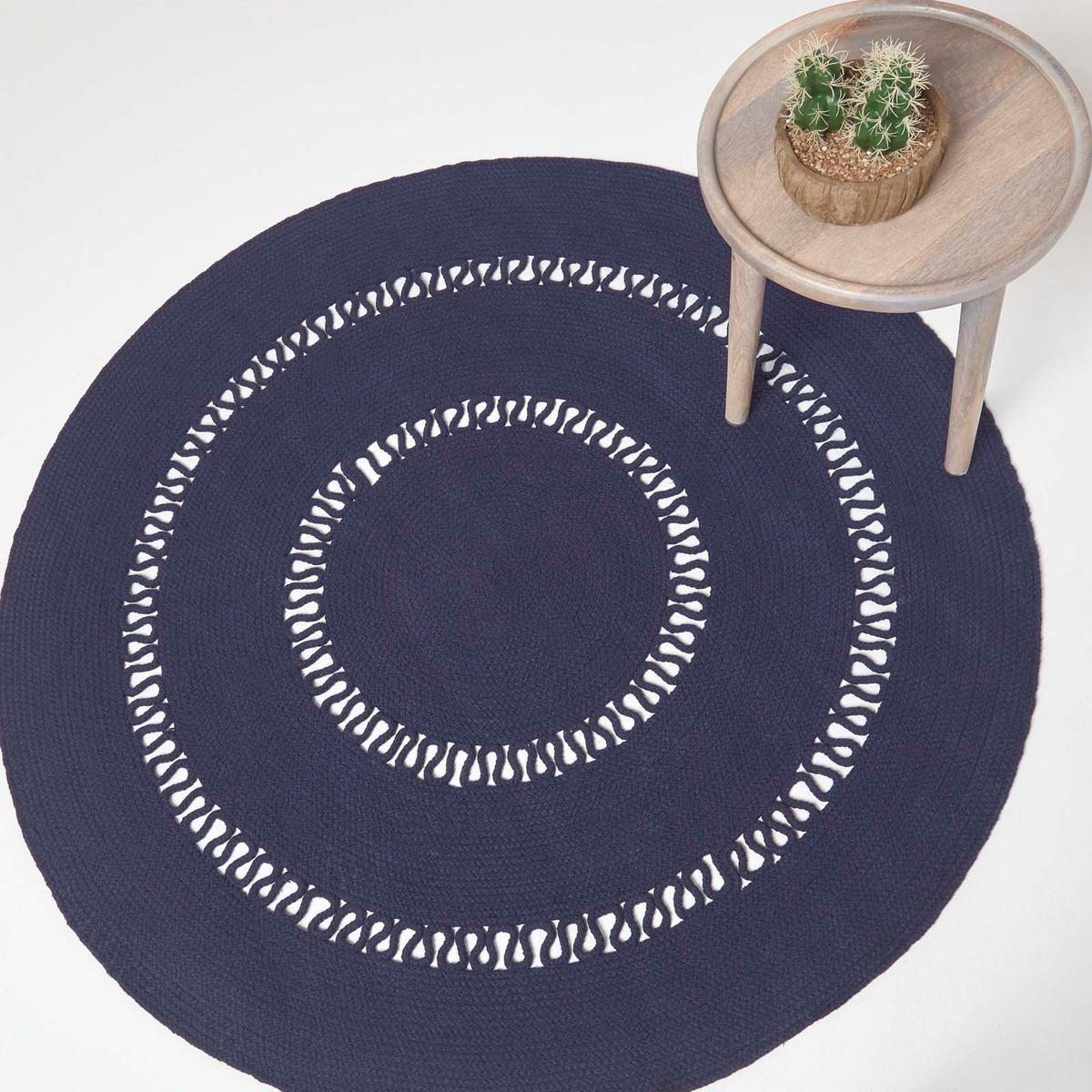 TEPPICH geflochten rund mit Häkel-Muster 120 cm - Dunkelblau, Textil (120/120cm) - Homescapes