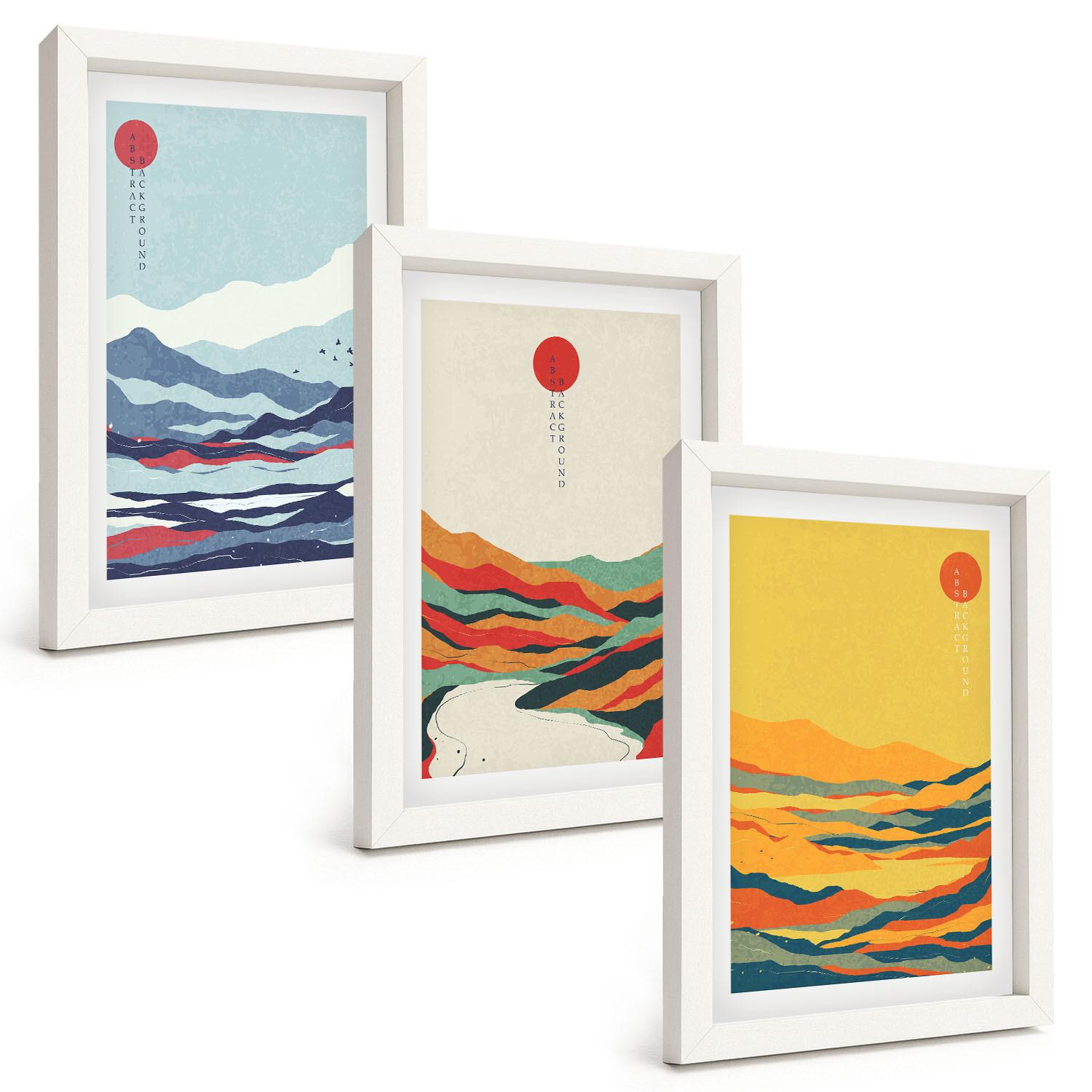 BILDER SET 3er Set - 20x30 cm Weißer Rahmen - Abstraktion von farbenfrohen Bergen und Flüssen - Weiß, Kunststoff (20/30cm) - TULUP