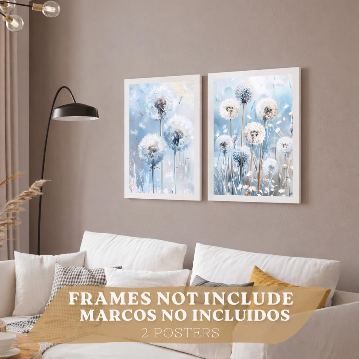 POSTER 2er Kunstdruck-Set Wandbilder Blumen Blau modern Wohnzimmer Deko, Schlafzimmer, Küche, Badezimmer Rahmenlos A4 - Klar, Papier (29.7/1/21cm) - Nacnic