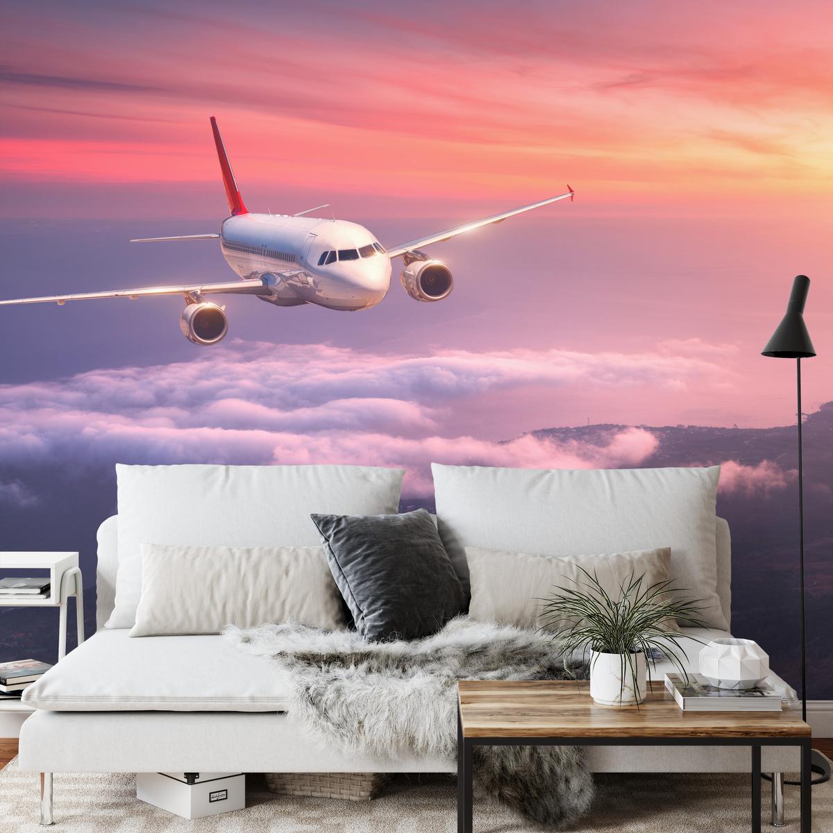 FOTOTAPETE für Wohnzimmer Flugzeug Sonnenuntergang Wolken Himmel 150x105 - Gelb/Rot, Papier (150/105cm) - Muralo