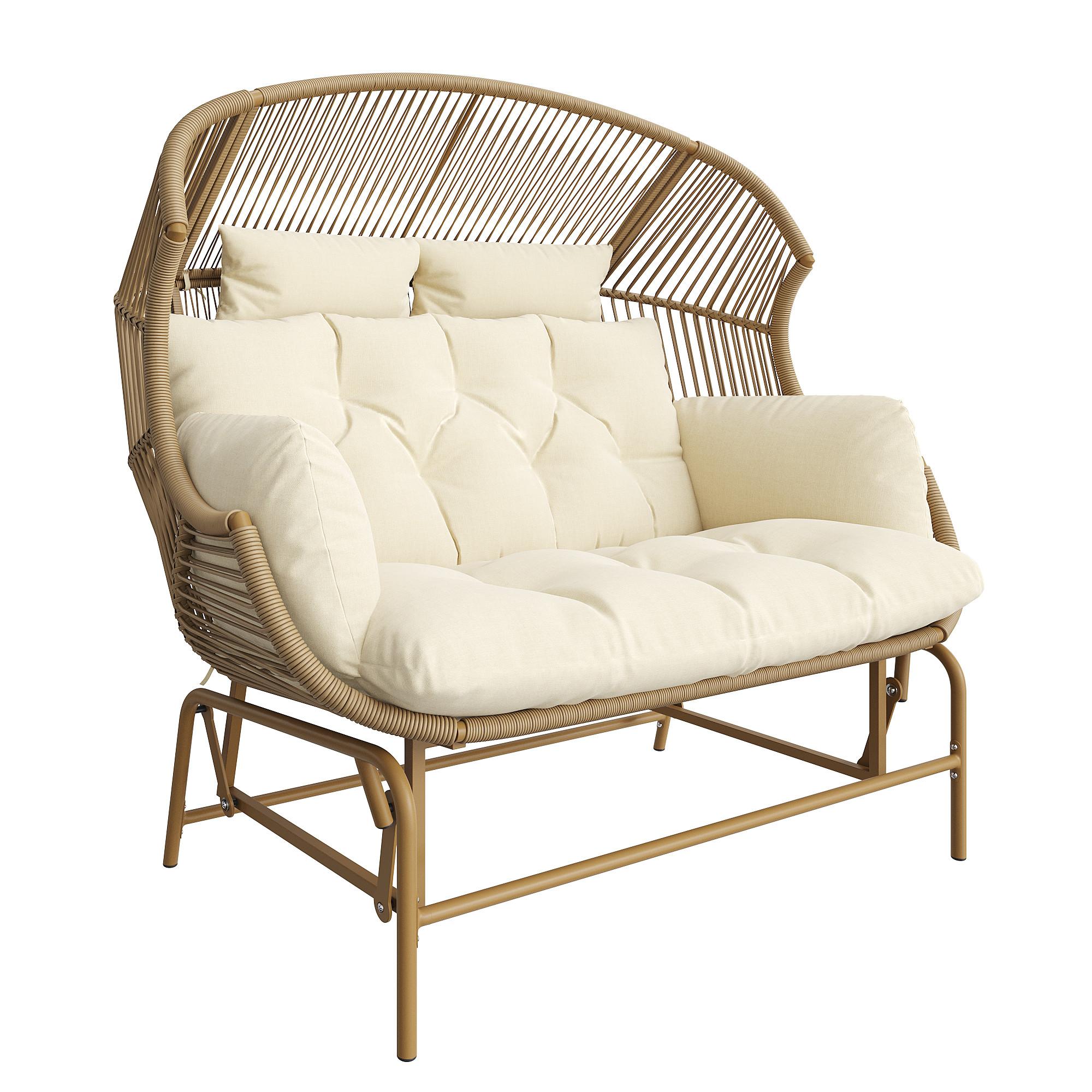 GARTENSCHAUKEL 145 cm Natur PE-Rattan 2-Sitzer Schaukelstuhl mit Kissen & Metallgestell für Balkon und Terrasse - Naturfarben, Metall (145/143/85cm) - Urban Meuble