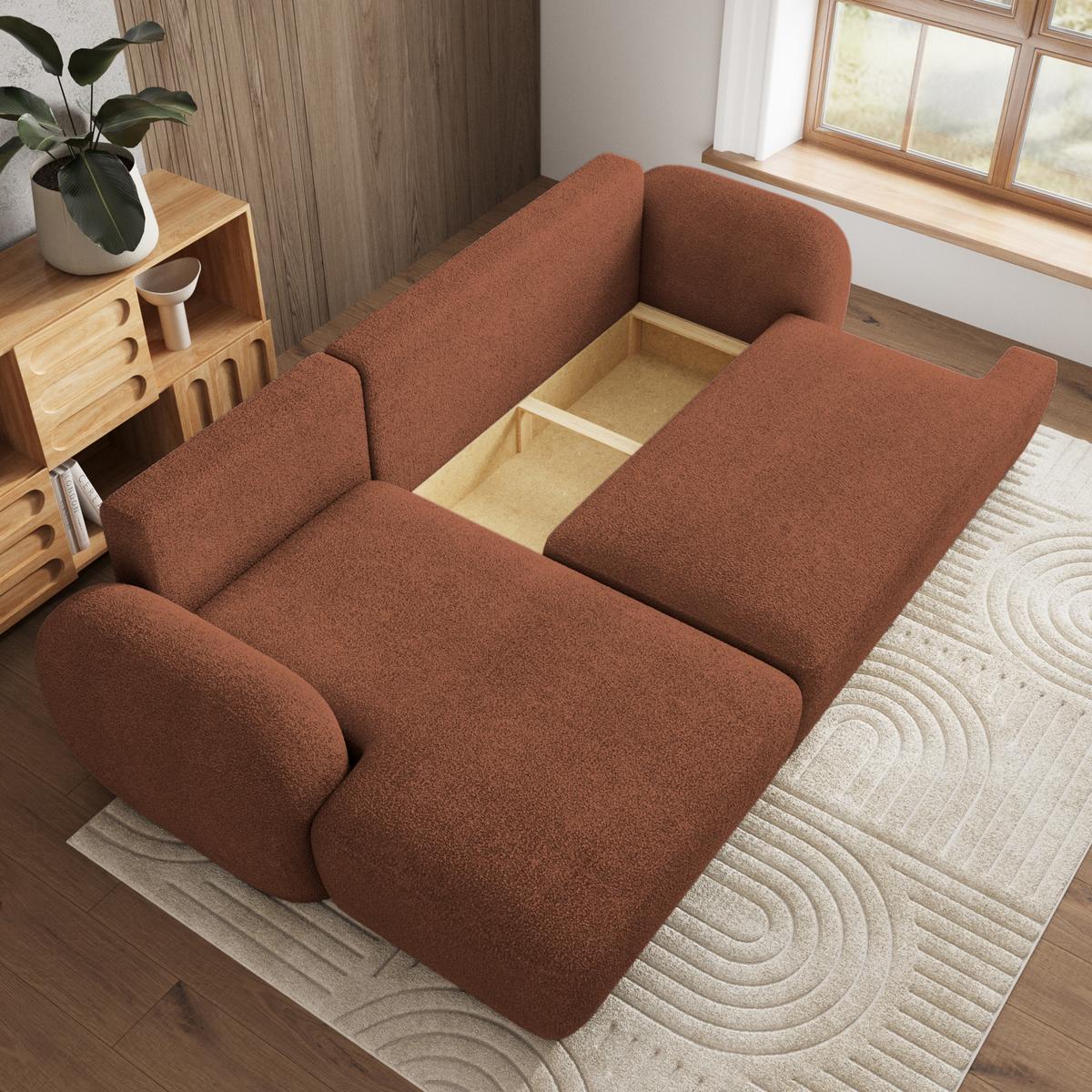 ECKSOFA MODENZA N L-S Orange Boucle-Stoff mit Schlaffunktion - Schwarz/Orange, Holz/Kunststoff (266/148cm) - MASSENO