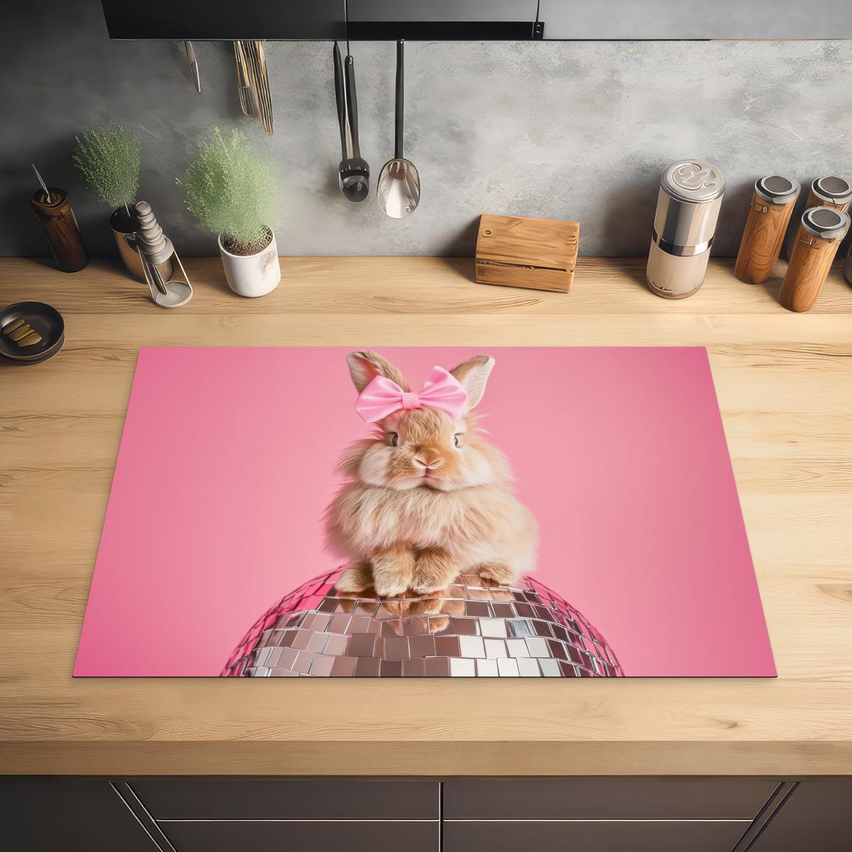 HERDABDECKPLATTE Schleife - Discoball - Kaninchen Ceranfeldabdeckung 76x51.5 cm - Pink, Kunststoff (76/51.5/0.2cm) - MuchoWow