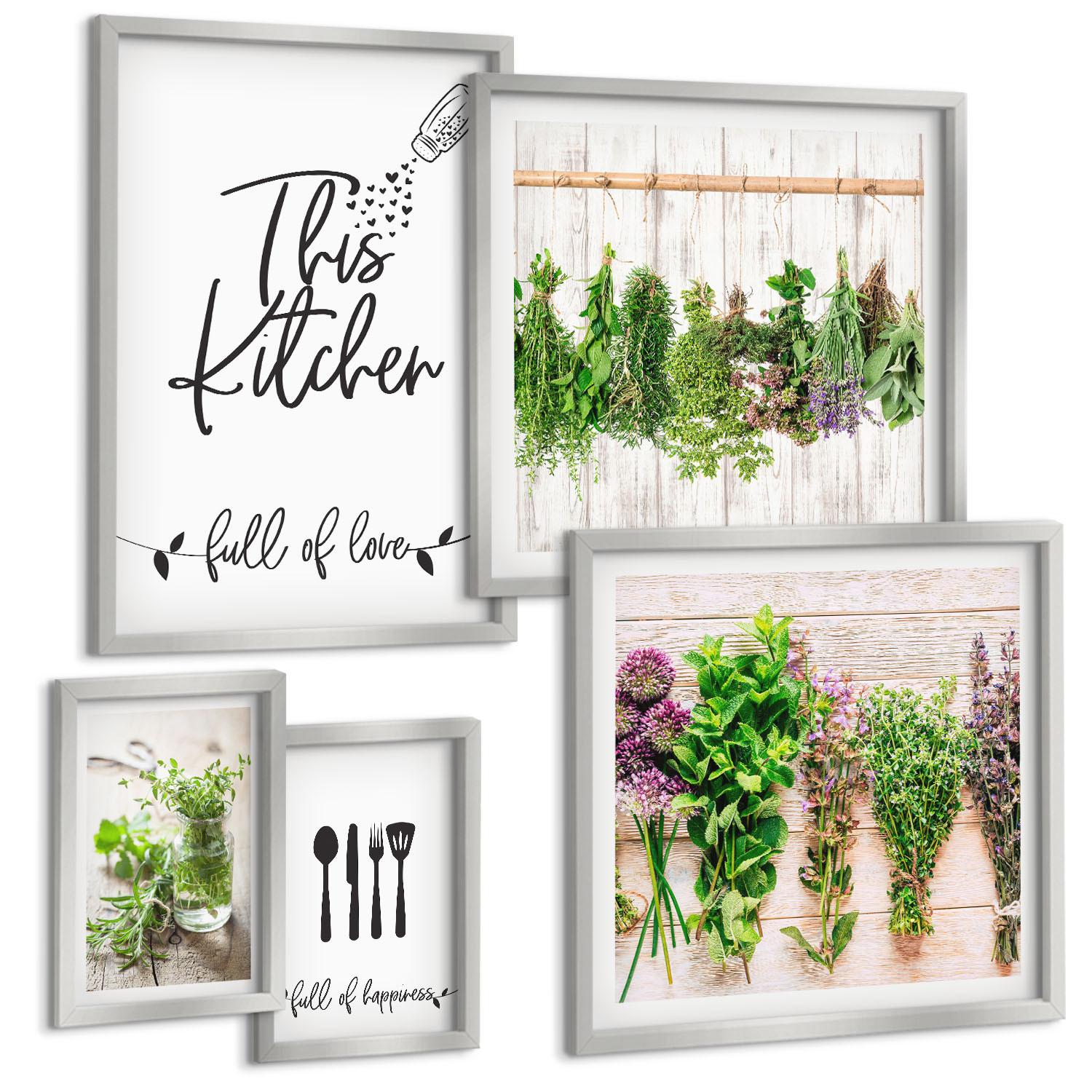 BILDER SET 5er Set - 50x50 cm & 20x30 cm & 40x60 cm Silberner Rahmen - Küchenthema: Getrocknete Kräuter - Silberfarben, Kunststoff (40/60cm) - TULUP