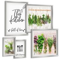 BILDER SET 5er Set - 50x50 cm & 20x30 cm & 40x60 cm Silberner Rahmen - Küchenthema: Getrocknete Kräuter - Silberfarben, Kunststoff (40/60cm) - TULUP