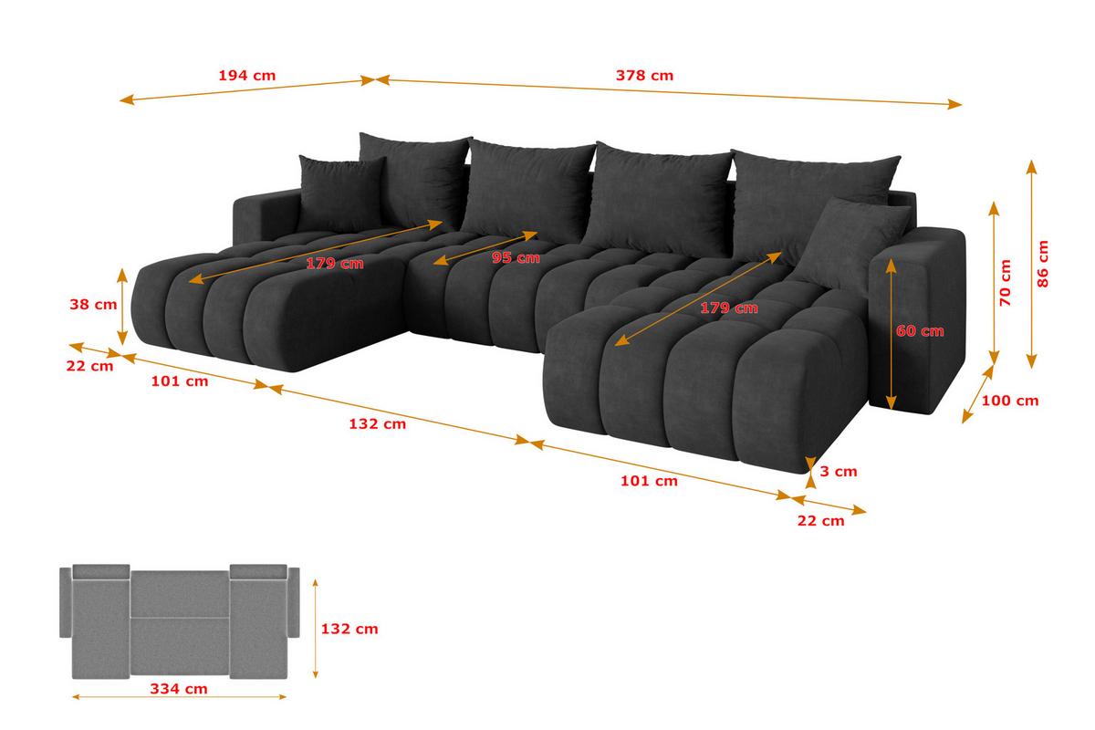 WOHNLANDSCHAFT mit Schlaffunktion und Bettkasten MILA-U-v1 378x194x86 Dunkelgrau Velours - Anthrazit/Schwarz, Holzwerkstoff/Kunststoff (378/86/194cm) - ALTDECOR