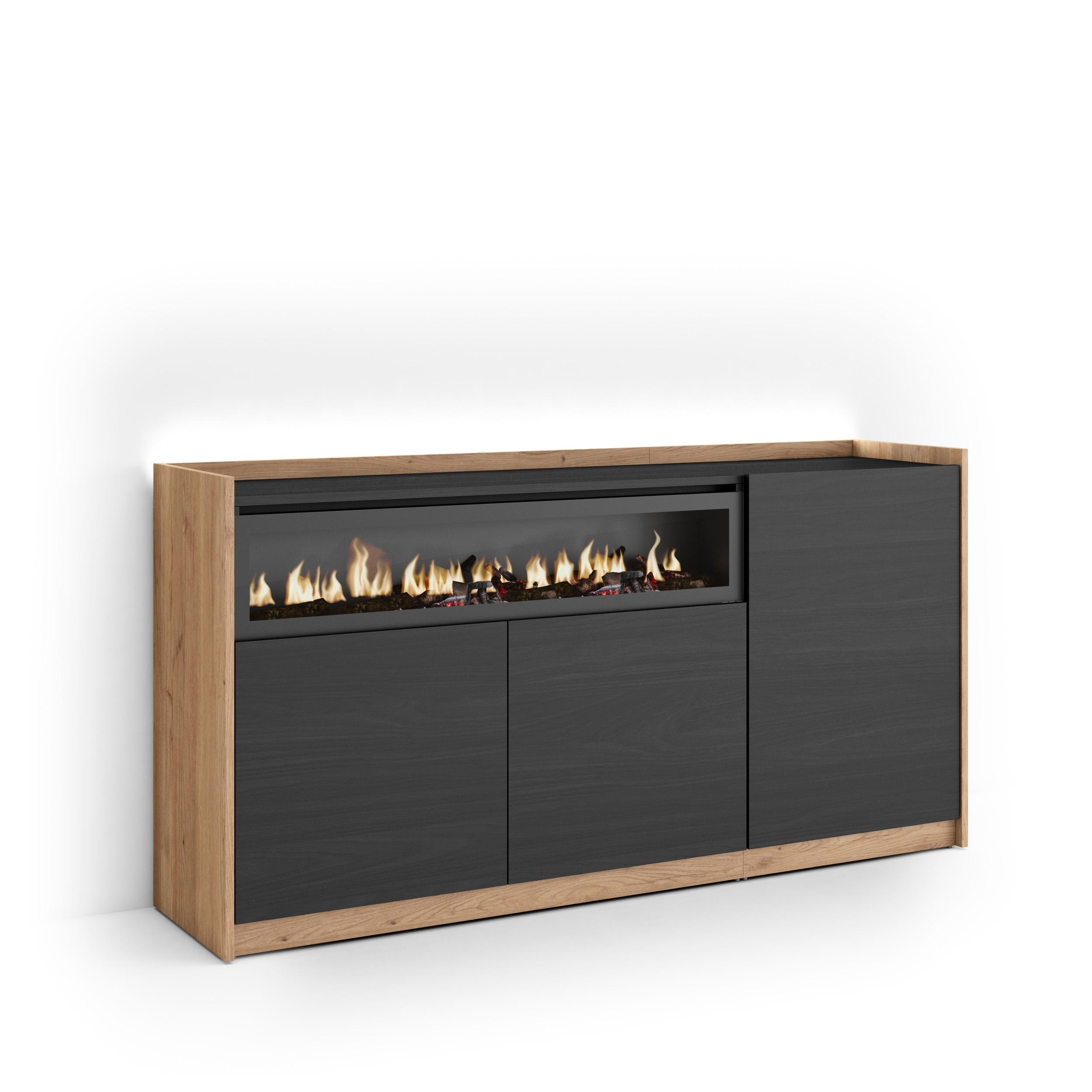 SIDEBOARD, Schwarz und Eiche, 156/37/80cm, Kamin mit Feuereffekt - Schwarz, Holzwerkstoff (156/80/37cm) - Skraut Home