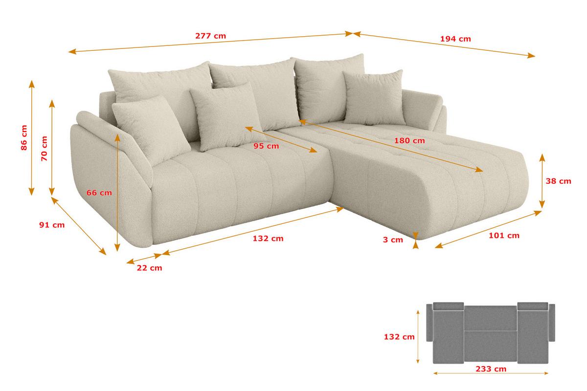 ECKSOFA mit Schlaffunktion Ottomane Rechts TOKO-L 277x194x86 Beige Bouclé - Sandfarben/Beige, Holzwerkstoff/Kunststoff (277/194cm) - ALTDECOR