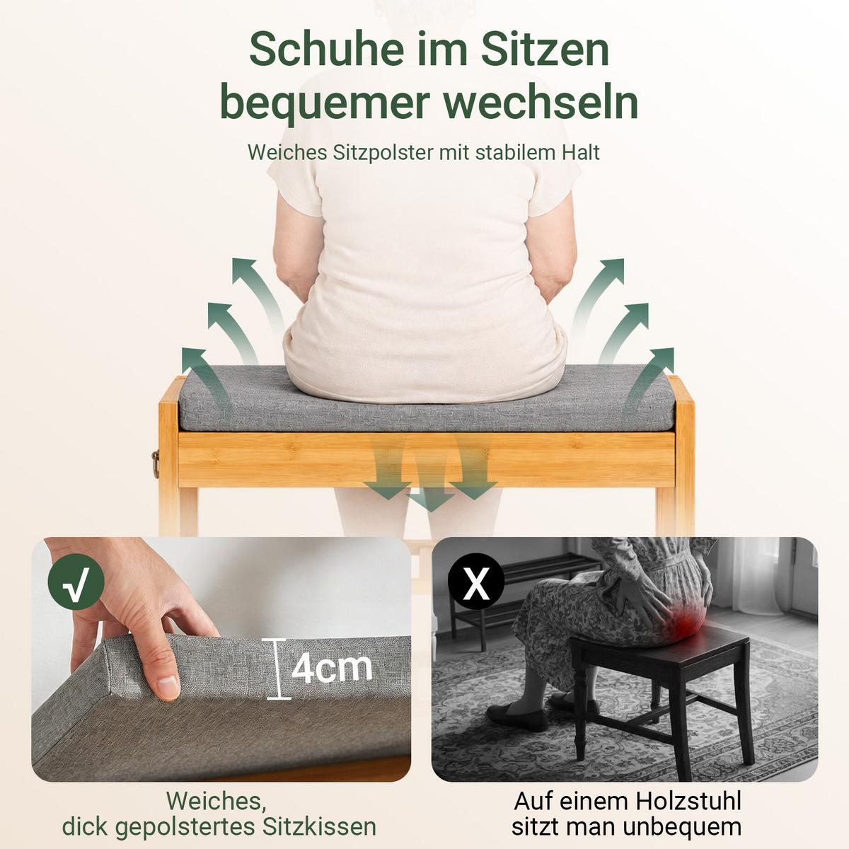 SCHUHBANK aus Bambus, 55 x 46 x 30 cm, mit Sitzkissen und Seitenschublade, 2 Schuhablagen, Natur - Naturfarben, Holz (55/46/30cm) - SoBuy