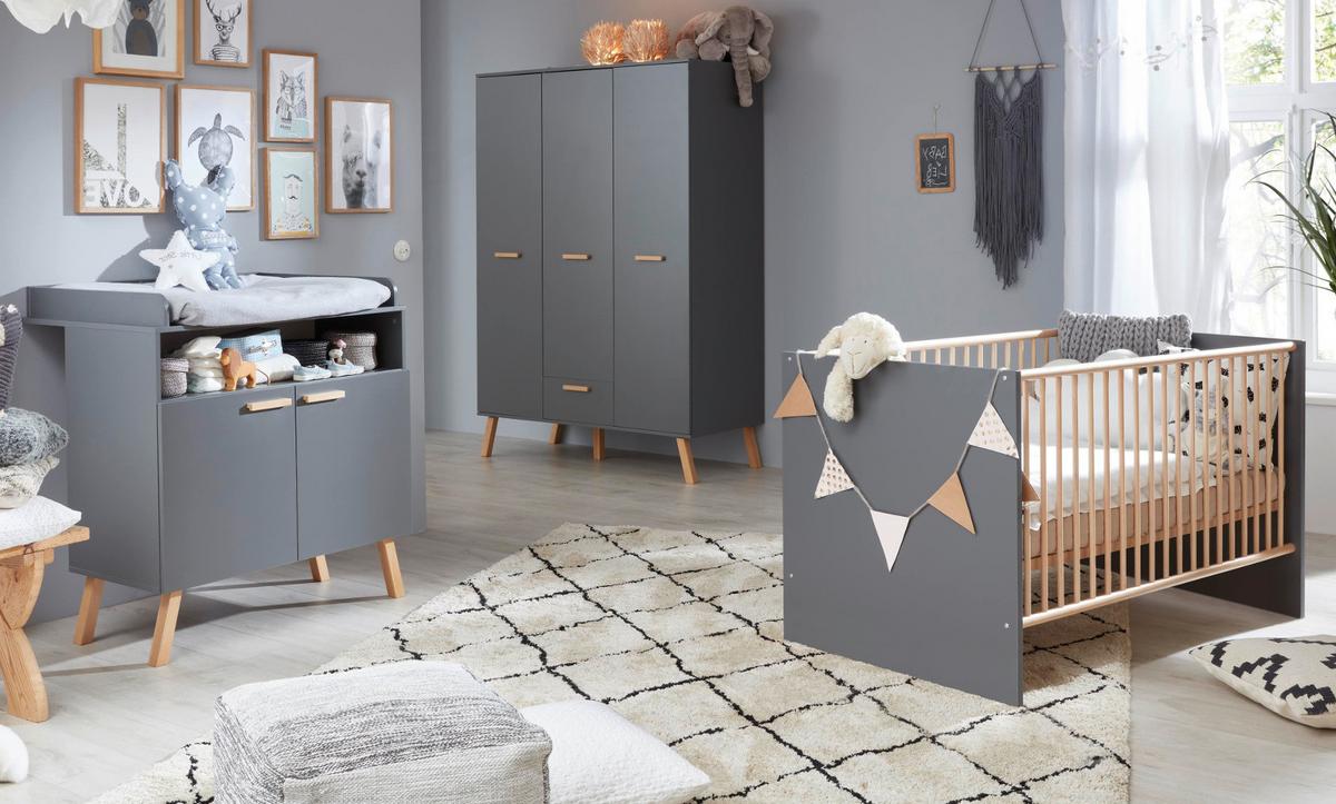 KLEIDERSCHRANK grau matt mit Buche massiv, 3-türig 130 x 190 cm für Baby- und Kinderzimmer - Eichefarben/Buchefarben, Holz/Holzwerkstoff (60/190/130cm) - Top.Furn