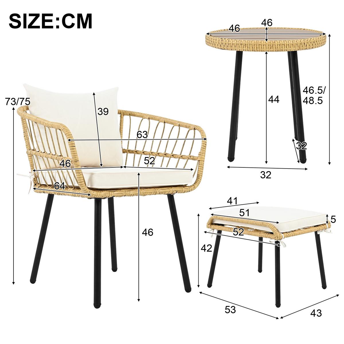 LOUNGEGARNITUR 5-tlg. Rattan Natur & Weiß Balkonmöbel mit Tisch, 2 Stühlen & 2 Hockern - Naturfarben, Textil - Urban Meuble