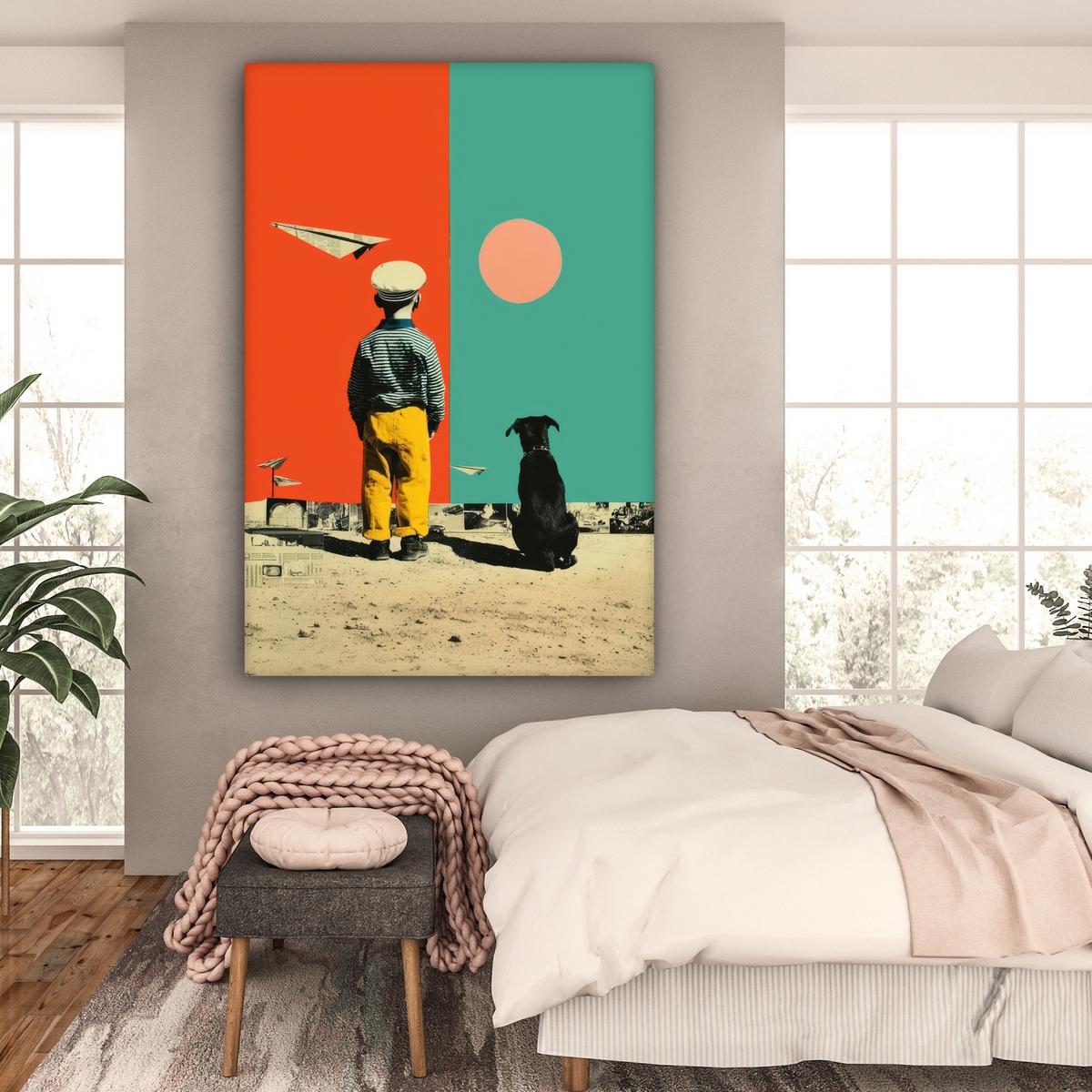 LEINWANDBILD Retro - Junge - Hund - Rot - Grün Deko Groß 90x140 cm - Orange, Textil (90/140cm) - MuchoWow