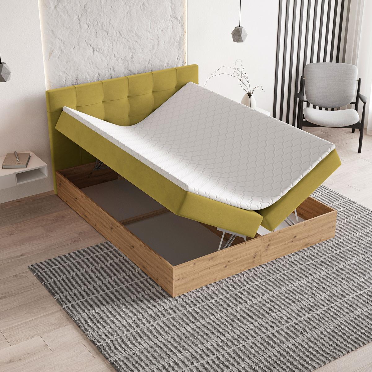 BOXBETT MOLVEN 180x200 cm mit Matratze und Topper - Gelb - Gelb, Holz (180/200cm) - MASSENO