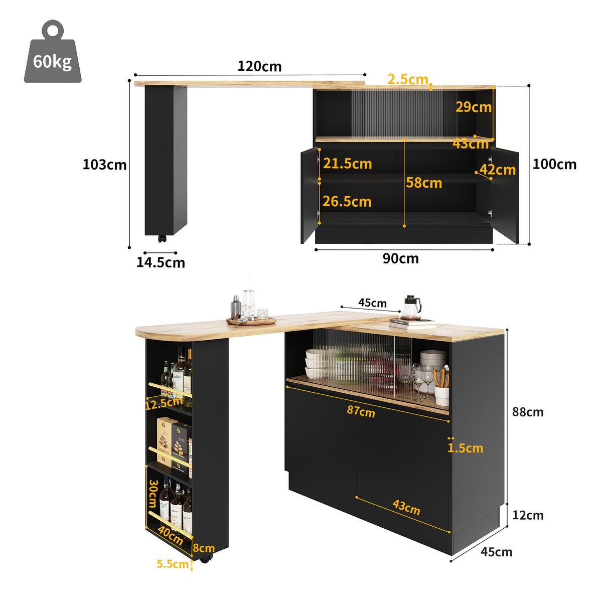STEHTISCH mit Stauraum und Schiebetüren – Multifunktionaler Bartisch 120 cm - Schwarz, Holzwerkstoff/Metall (45/90/100cm) - Urban Meuble