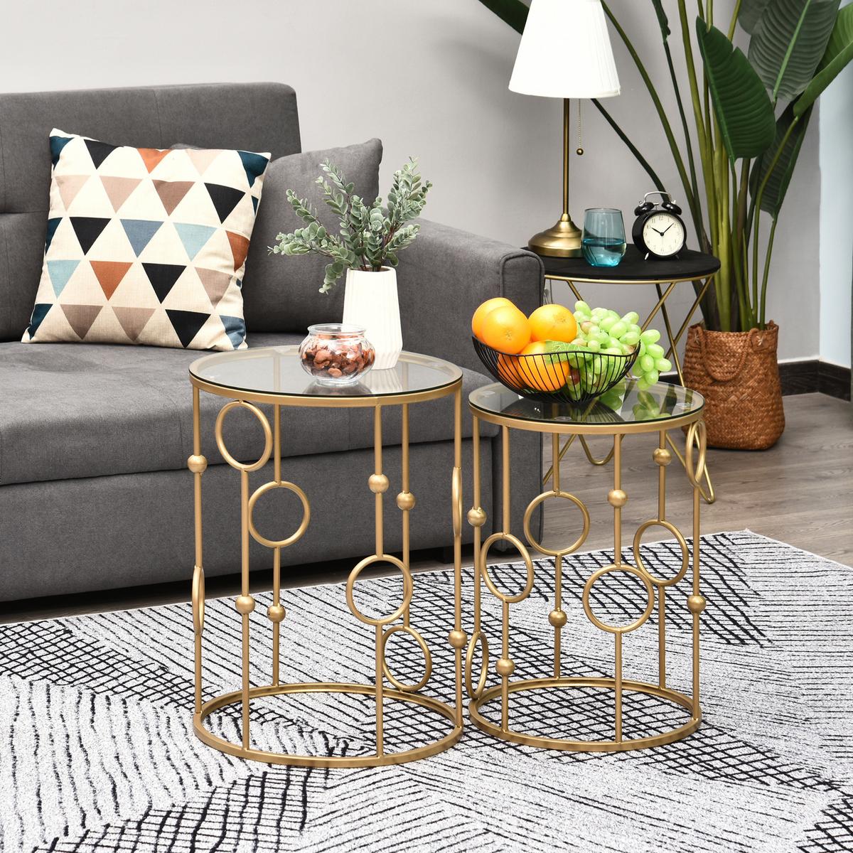 2ER-SET Couchtisch, Beistelltisch mit Glasplatte, Wohnzimmertisch Sofatisch - Goldfarben, Glas (41/41/57cm) - HOMCOM