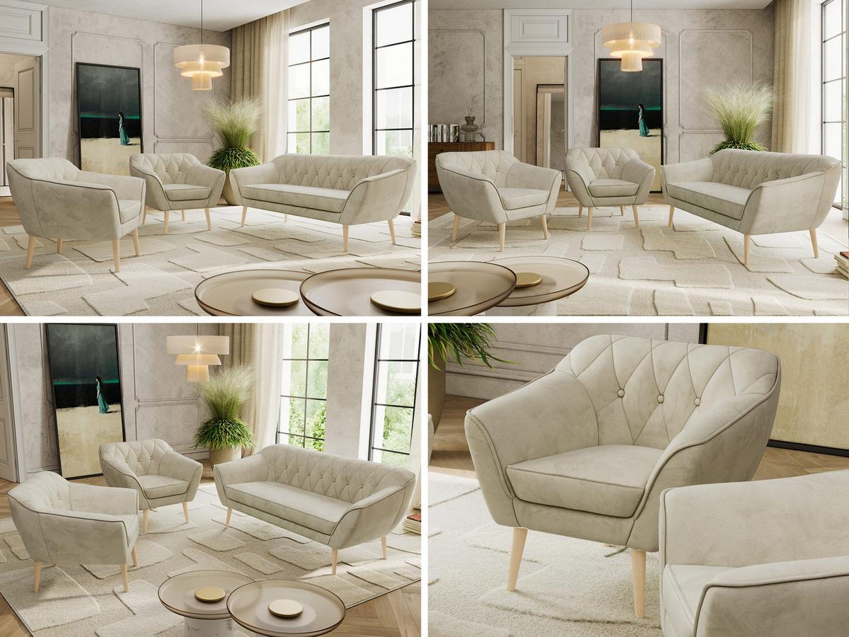 SITZGARNITUR PIRS 3+1+1 - Beige Velvet - Holzbeine - Beige/Buchefarben, Holzwerkstoff/Textil (180/75/74cm) - MKS