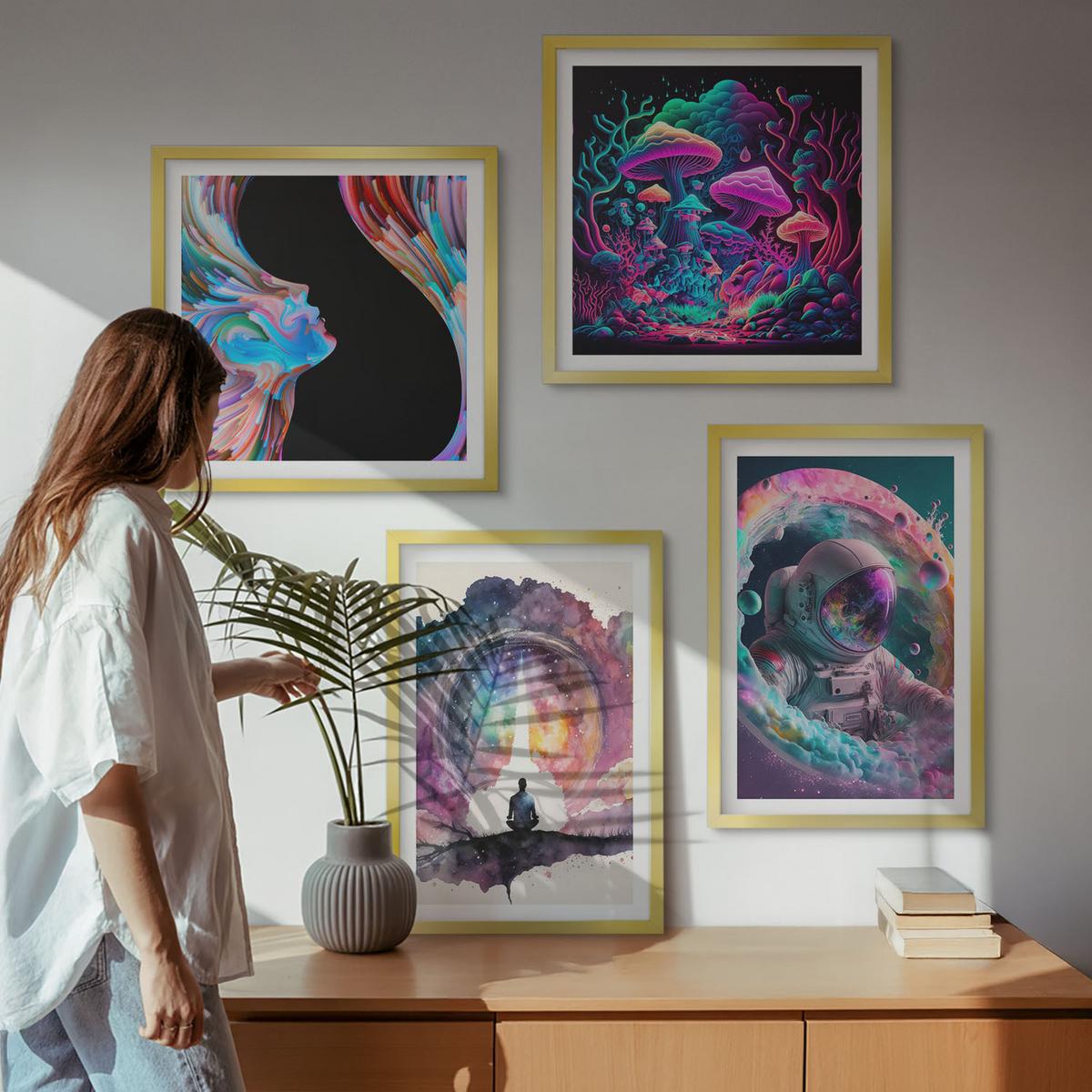 BILDER SET 4er Set - 50x50 cm & 40x60 cm Goldrahmen - Farbenfrohe Fantasy-Kunstillustrationen - Goldfarben, Kunststoff (50/50cm) - TULUP