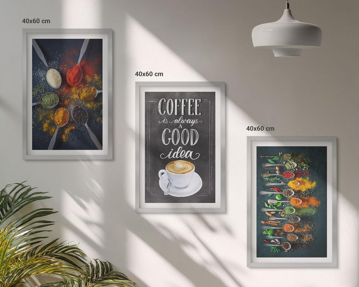 BILDER SET 3er Set - 40x60 cm Silberner Rahmen - Gewürze, Kaffee, Kräuter, Muster - Silberfarben, Kunststoff (40/60cm) - TULUP