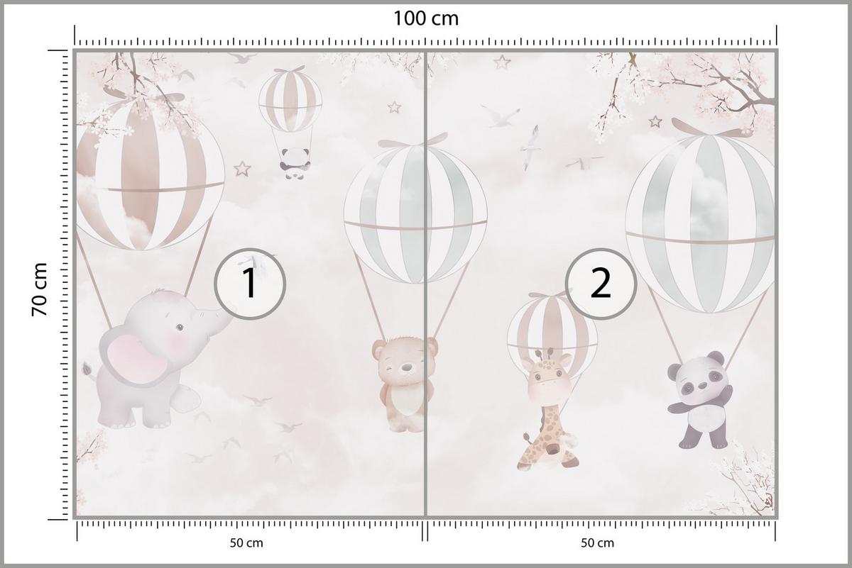 FOTOTAPETE für Kinderzimmer Tiere Himmel Elefant Giraffe Panda Vögel Ballons 100x70 - Multicolor, Papier (100/70cm) - Muralo
