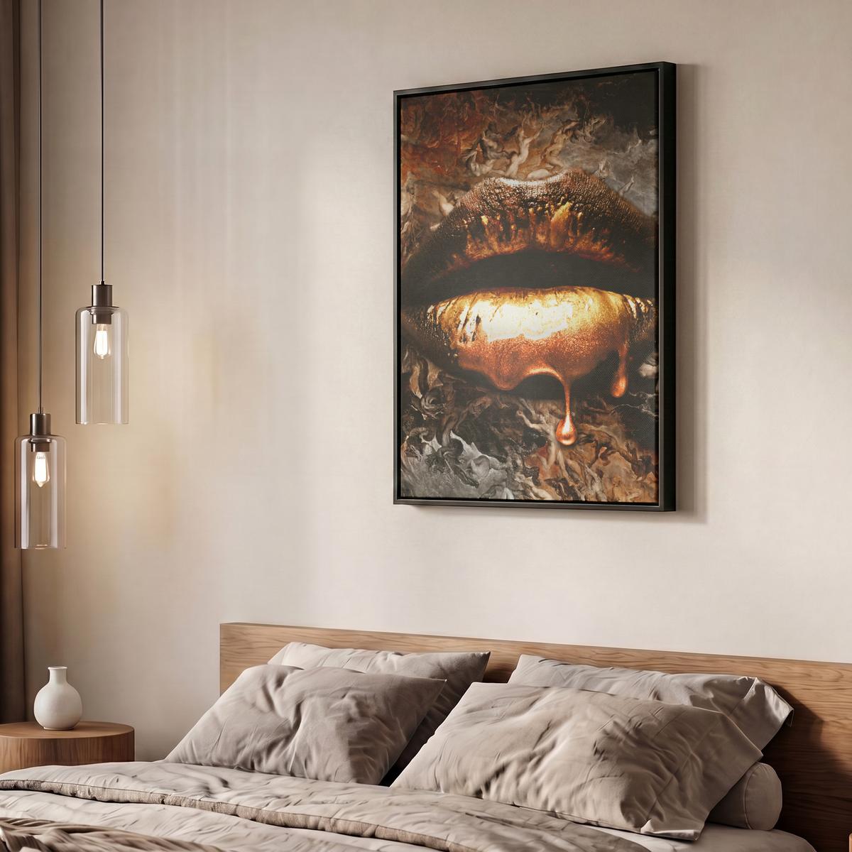LEINWAND Bilder mit Rahmen - Gold - Lippen - Kunst - Gold - Luxus - Abstrakt - 50x70 - Kupferfarben, Textil (50/70cm) - MuchoWow