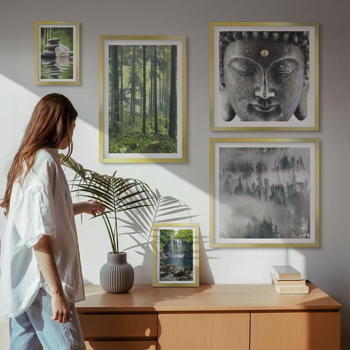 BILDER SET 5er Set - 50x50 cm & 20x30 cm & 40x60 cm Goldrahmen - Harmonie der Natur, Steine, Wasser, Buddha - Goldfarben, Kunststoff (40/60cm) - TULUP