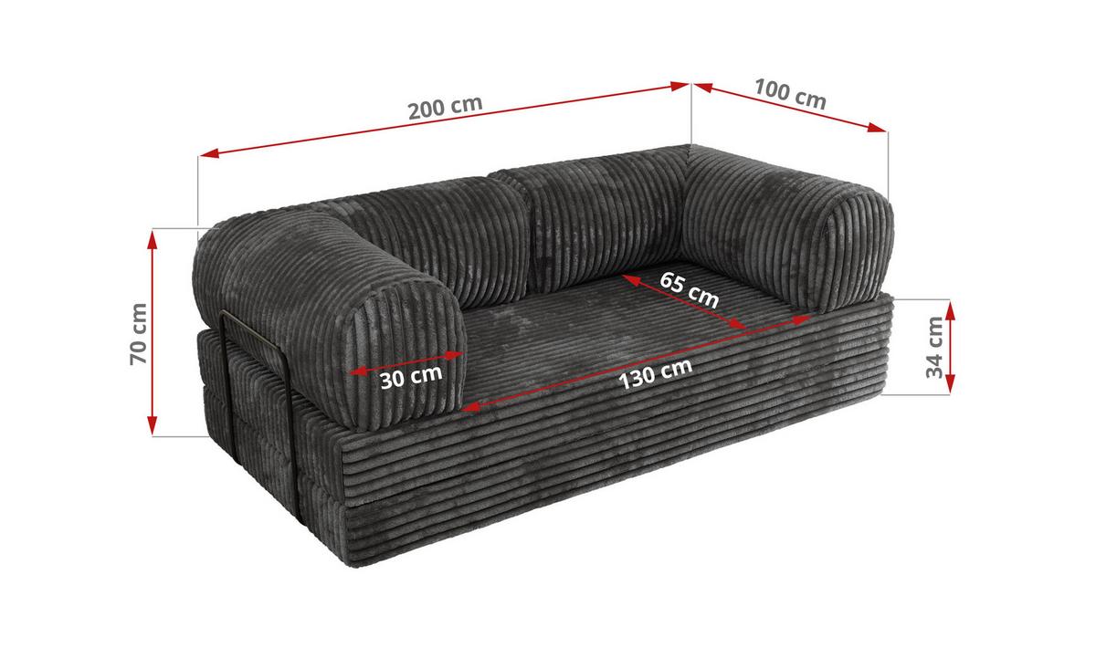 3-SITZER SOFA ORSETTO - Grau Cord - Schwarz/Grau, Textil/Metall (200/70/100cm) - MKS