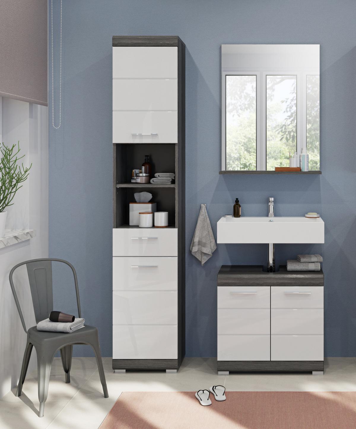 HOCHSCHRANK weiß Hochglanz, grau 190 cm, Badschrank Türanschlag wechselbar - Weiß Hochglanz/Silberfarben, Holzwerkstoff/Kunststoff (37/191/31cm) - Inn.Furn