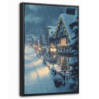 LEINWAND Bilder mit Rahmen - Weihnachtsdorf - Weihnachten - Schnee - Winter - 20x30 - Dunkelblau, Textil (20/30cm) - MuchoWow