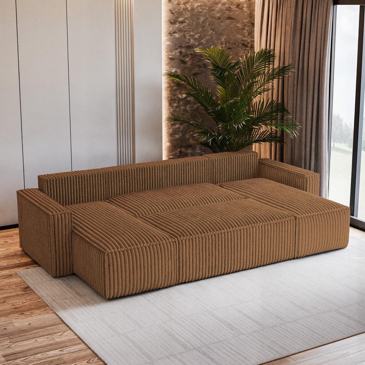 WOHNLANDSCHAFT PESANO T Kupferfarben Kordstoff mit Schlaffunktion - Grau/Kupferfarben, Holz/Kunststoff (306/85/140cm) - MASSENO