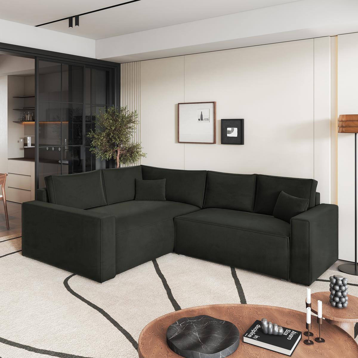 ECKSOFA ERONIS L-S Schwarz Velours-Stoff mit Schlaffunktion - Schwarz, Holz (265/194cm) - MASSENO