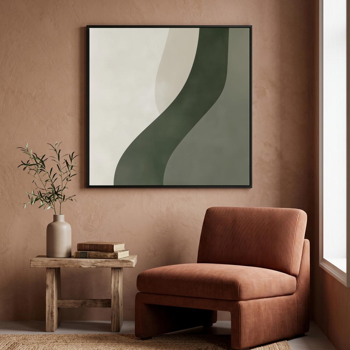 LEINWAND Bilder mit Rahmen - Japandi - Grün - Abstrakt - Modern - 90x90 - Salbeigrün, Textil (90/90cm) - MuchoWow