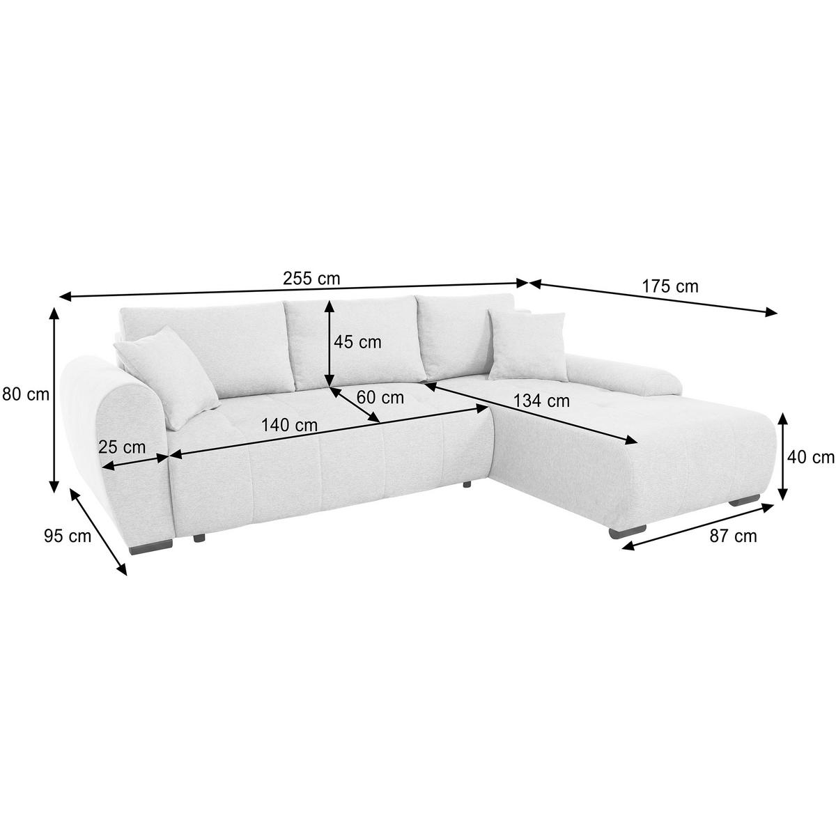 ECKSCHLAFSOFA Dallas mit Bettkasten, 255 cm, Creme, rechts, Velour-Stoff - Beige, Textil (255/175cm) - Beautysofa