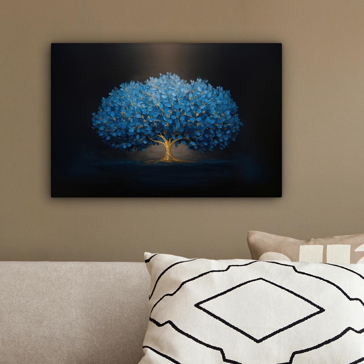 LEINWANDBILD Baum - Blau - Blätter - Pinselstriche Deko Schlafzimmer 30x20 cm - Blau, Textil (30/20cm) - MuchoWow
