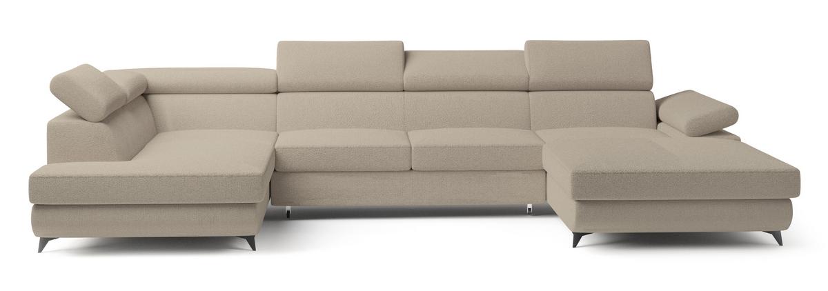 WOHNLANDSCHAFT RUBANO L-S Beige Boucle-Stoff mit Schlaffunktion - Beige, Holz (339/89/190cm) - MASSENO