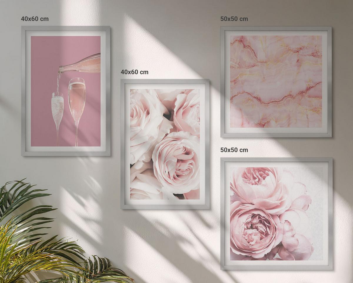 BILDER SET 4er Set - 50x50 cm & 40x60 cm Silberner Rahmen - Rosen, Champagner, Marmor, Pastell - Silberfarben, Kunststoff (50/50cm) - TULUP