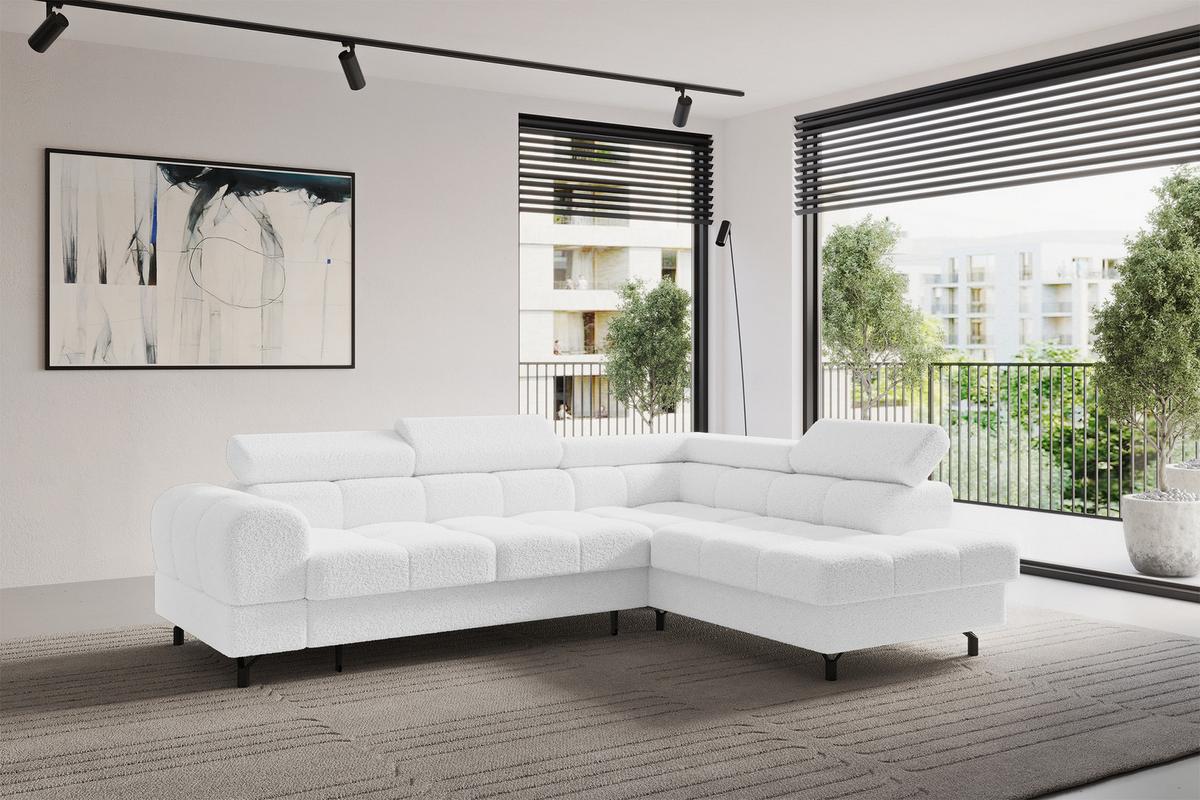 ECKSOFA mit Schlaffunktion Ottomane Rechts LUMA-L 272x203x70 Weiß Bouclé - Schwarz/Weiß, Holzwerkstoff/Kunststoff (203/272cm) - ALTDECOR