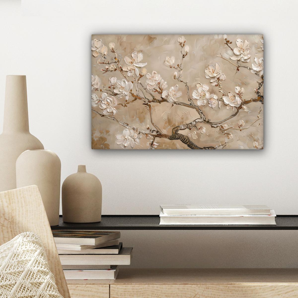 LEINWANDBILD Blumen - Modern - Beige - Weiß - Blüte Deko Schlafzimmer 30x20 cm - Beige, Textil (30/20cm) - MuchoWow