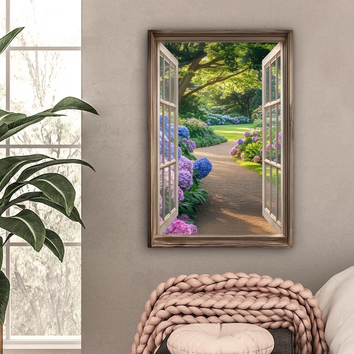LEINWANDBILD Aussicht - Garten - Fenster - Hortensie - Blumen Wanddeko 40x60 cm - Pastellblau, Textil (40/60cm) - MuchoWow