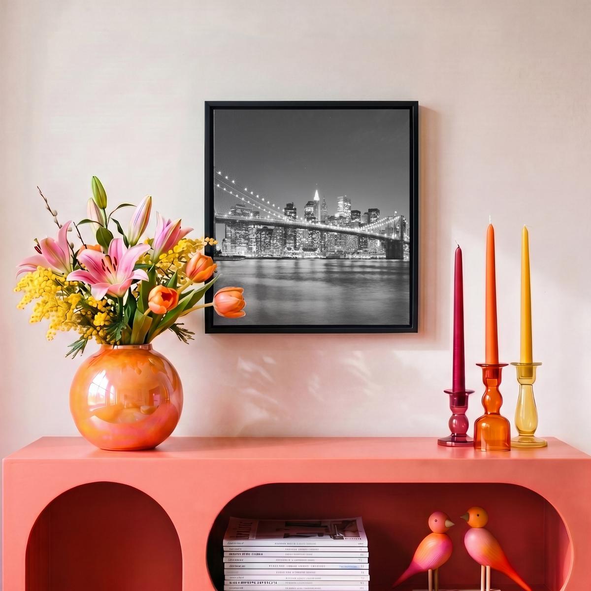 LEINWAND Bilder mit Rahmen - New York - Brücke - Brooklyn - Schwarz und weiß - Architektur - 20x20 - Schwarz, Textil (20/20cm) - MuchoWow