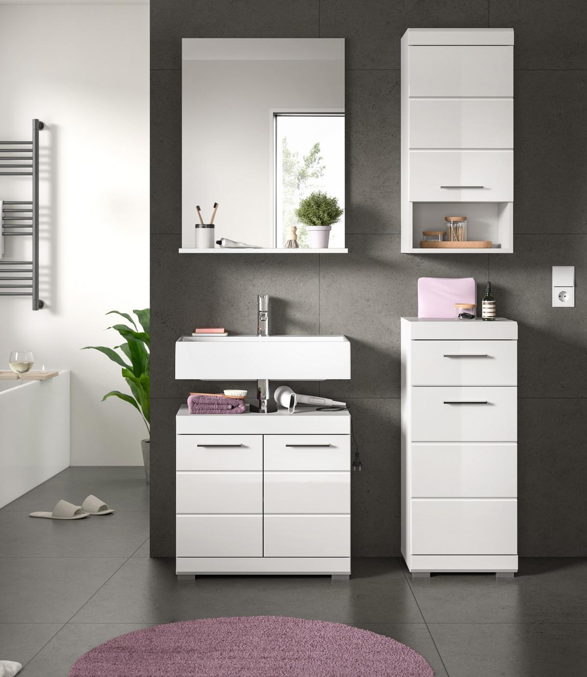BADKOMMODE weiß Hochglanz 37 x 88 cm, Badschrank mit Vollauszug - Weiß Hochglanz/Silberfarben, Holzwerkstoff/Kunststoff (37/88/31cm) - Inn.Furn