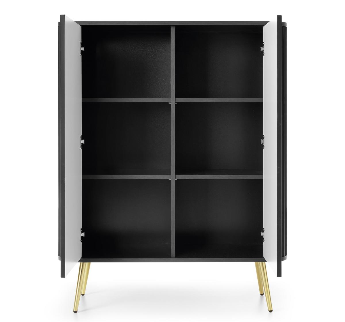 HIGHBOARD Salvia 2T Schwarz, Gold 103/129/39 cm – mit geriffelten Fronten und hohen Beinen - Goldfarben/Schwarz, Holzwerkstoff/Metall (103/129/39cm) - AX Living