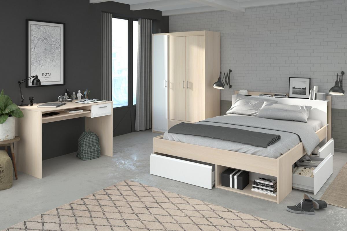 JUGENDZIMMER Set mit Kleiderschrank Stauraumbett 140 cm Schreibtisch - Silberfarben/Weiß, Holz/Holzwerkstoff (140/179/200cm) - Parisot Meuble