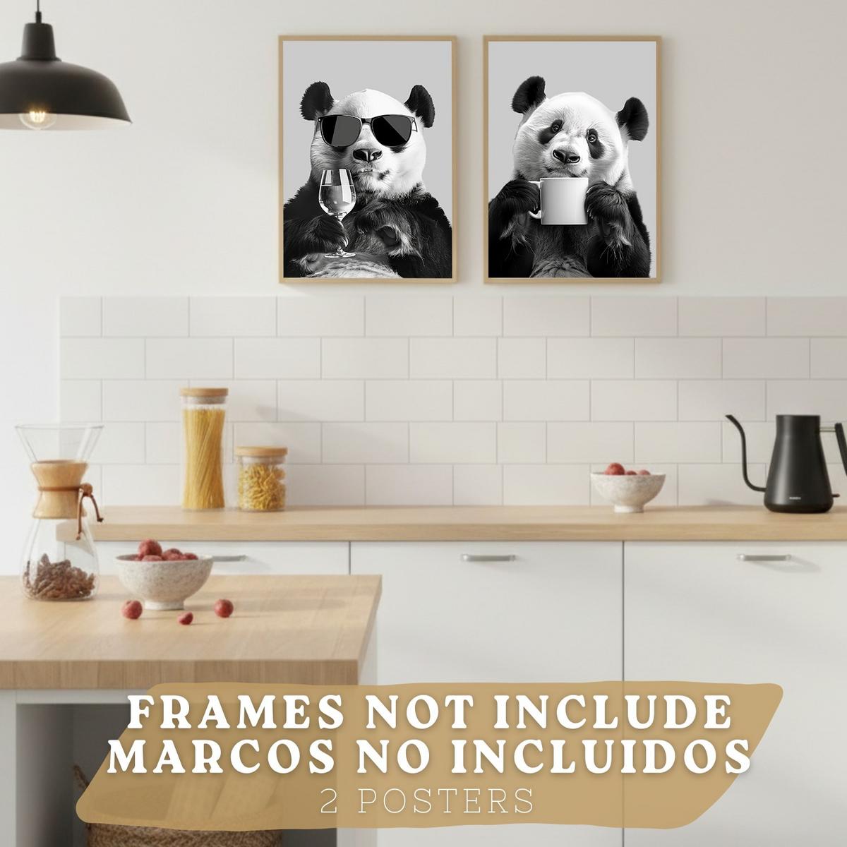 POSTER 2er Set Lustige Panda-Wandbilder Schwarz Weiß Tier Weinglas und Kaffeetasse Küche Wanddeko Rahmenlos A3 - Klar, Papier (29.7/1/42cm) - Nacnic