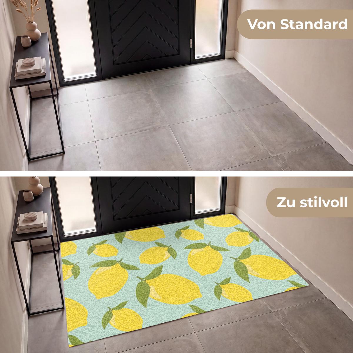 FUSSMATTE Muster Zitronen - Gelb - Blau - Muster - Früchte Flurteppich 180x120 cm - Gelb, Kunststoff (180/0.4cm) - MuchoWow