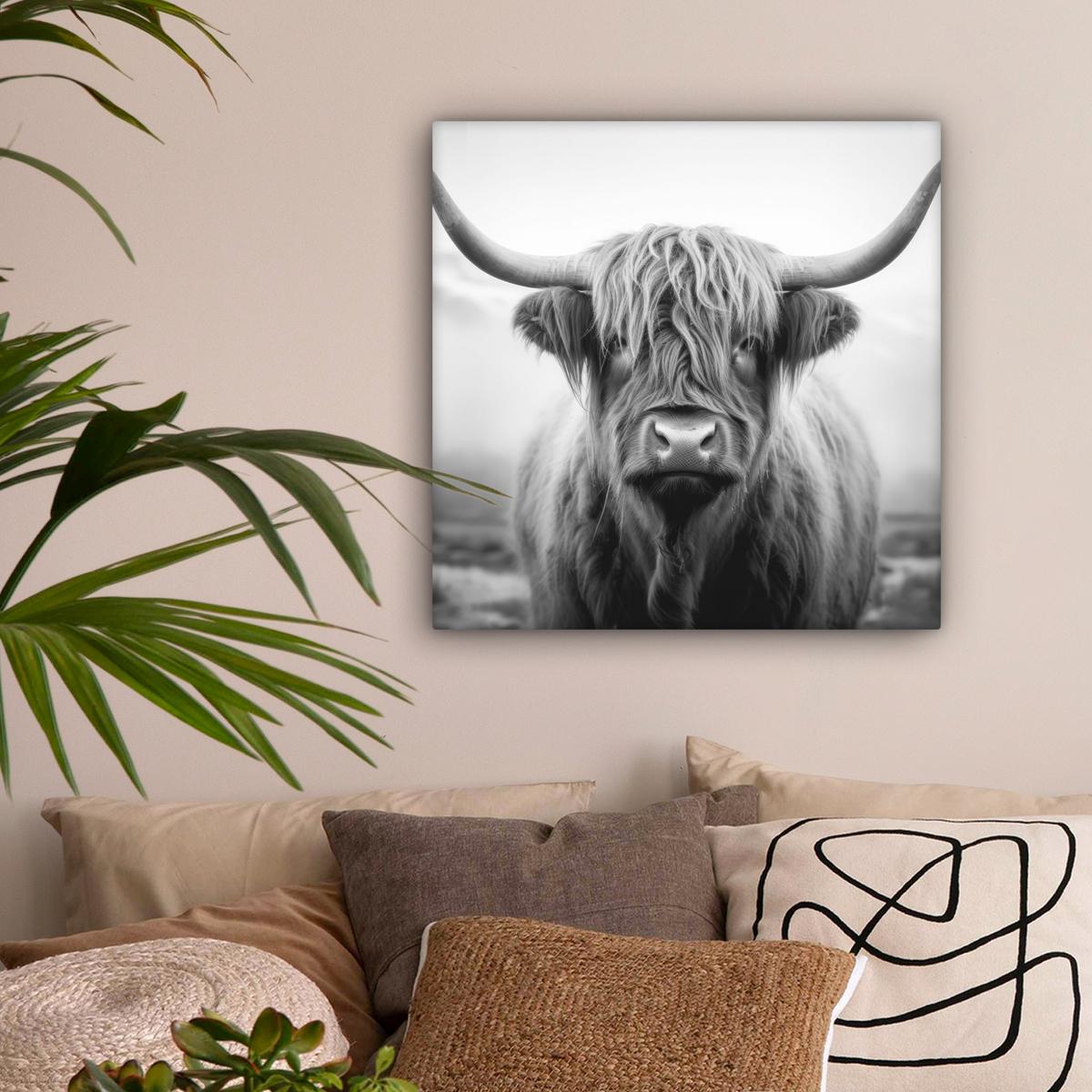 LEINWANDBILD Schottischer Highlander - Nebel - Schwarz - Weiß Wandbild Wohnzimmer 50x50 cm - Grau, Textil (50/50cm) - MuchoWow