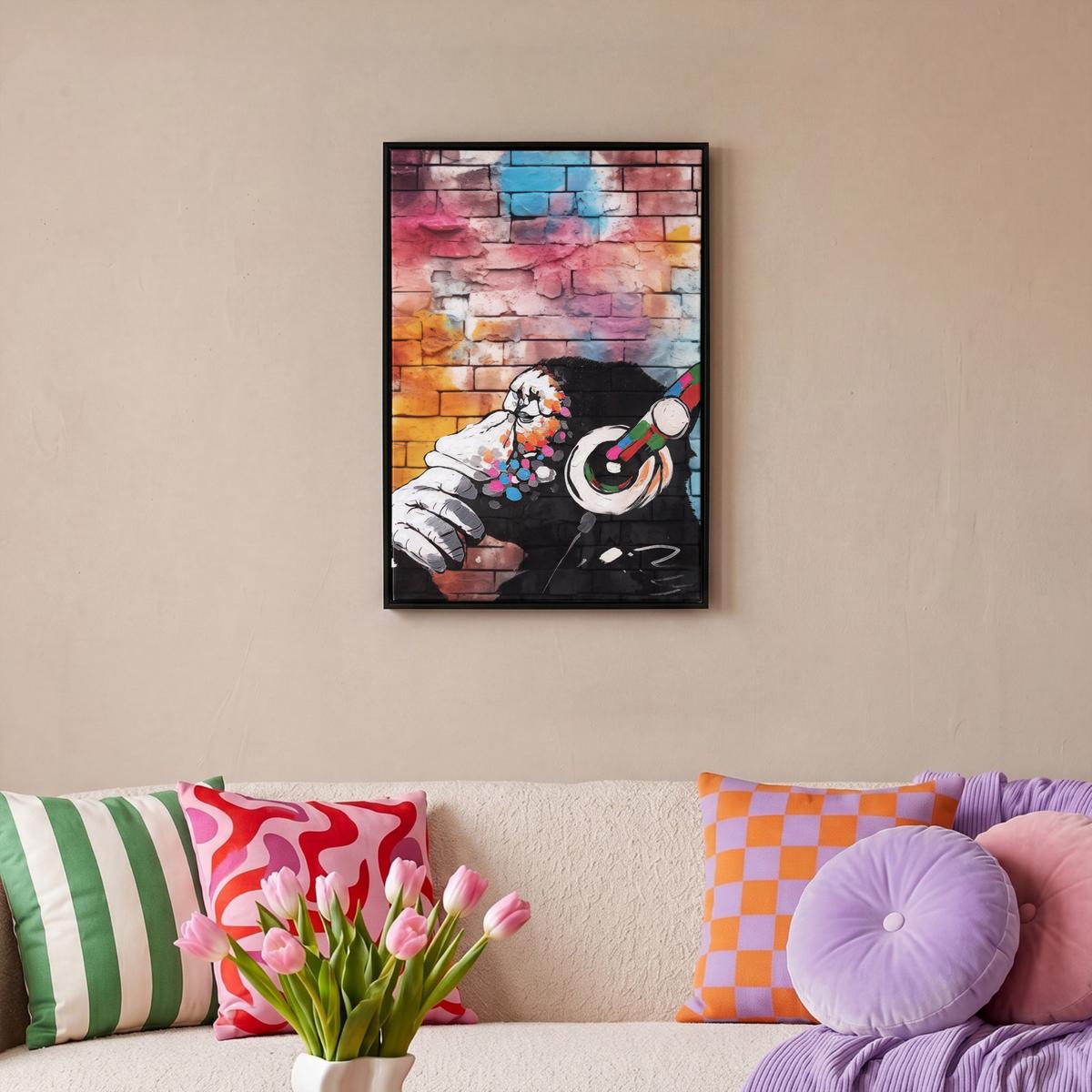 LEINWAND Bilder mit Rahmen - Affe - Graffiti - Musik - 40x60 - Multicolor, Textil (40/60cm) - MuchoWow