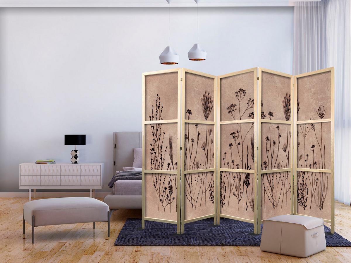 PARAVENT Japanischer 5-tlg 225x172 cm Retro Pflanzen - Beige, Holz/Textil (225/172/3cm) - Muralo