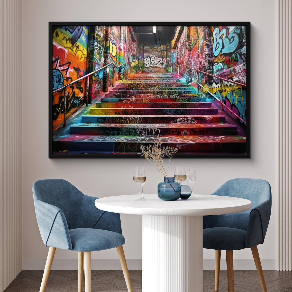 POSTER MIT RAHMENGERAHMTES BILD Treppe - Graffiti - Farben - Kunst 120x80 cm - Multicolor, Papier (120/80cm) - MuchoWow